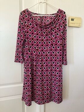 NY Collection Pink and Black Geometric Print Long-Sleeve Dress Size L
